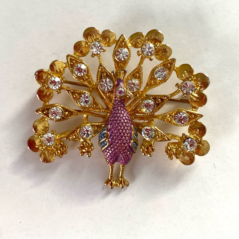 Vintage pink peacock brooch